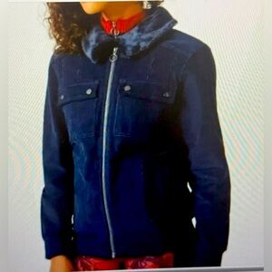Sweaty Betty, London, beetle,‎ blue cord, jacket, faux, fur collar, NWOT, size M